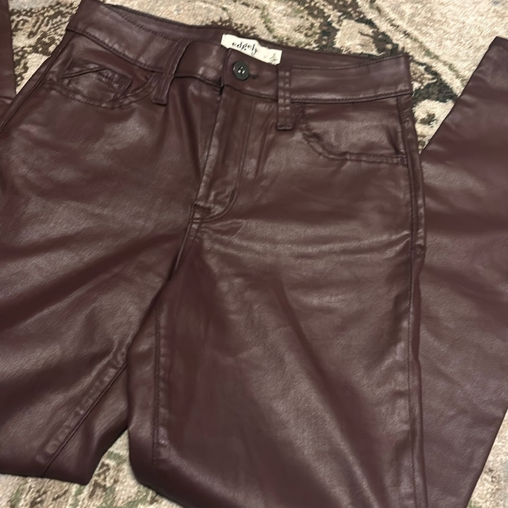 Edgely waxed denim jeans maroon burgundy high rise slim straight leg ankle 0